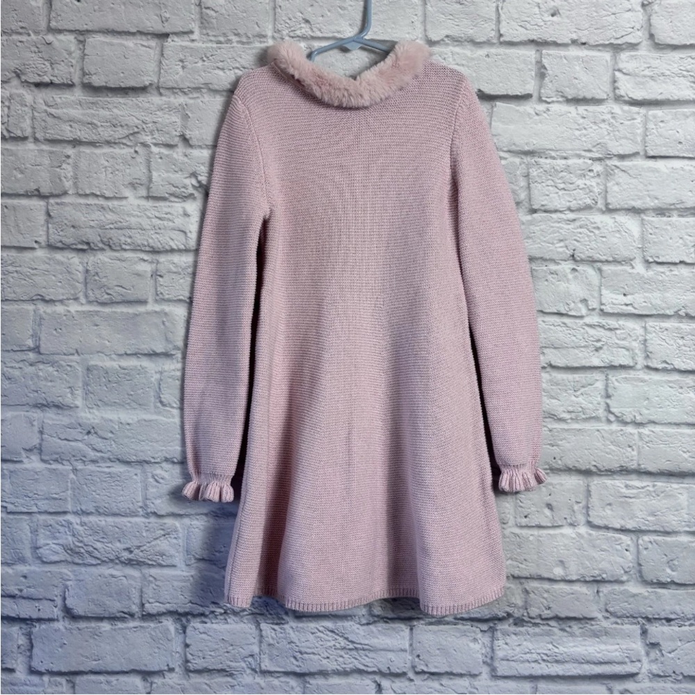 Tahari Pink Sweater Knit Long Sleeve Faux Fur Trimmed Girls Dress Size 8